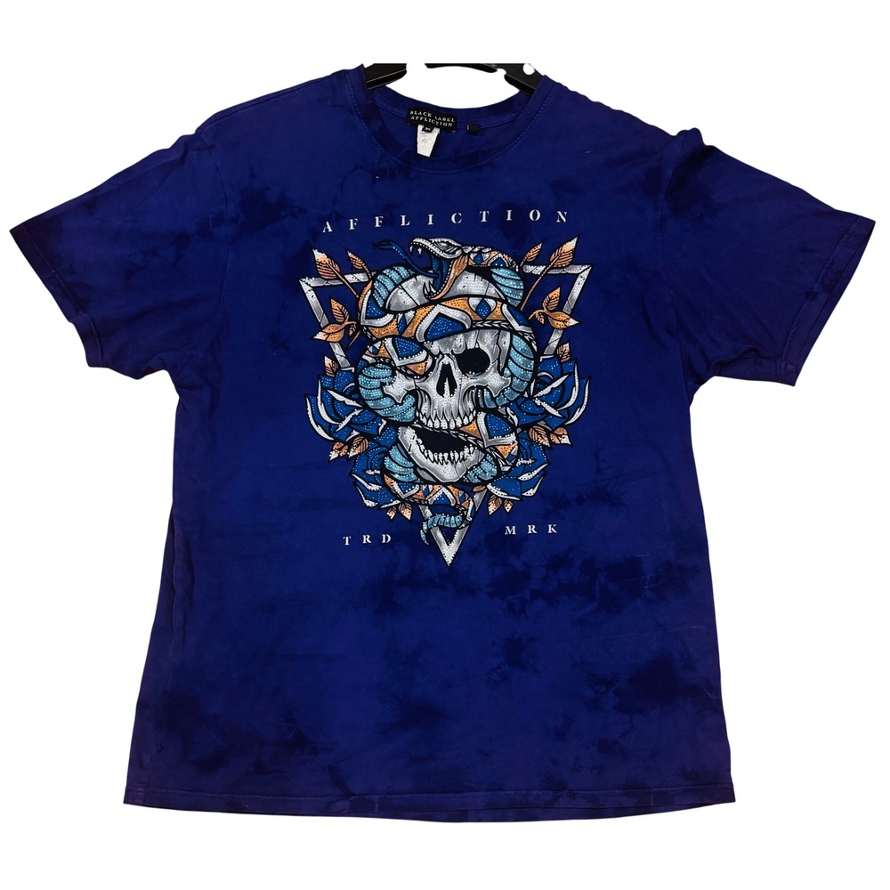 Affliction Black Label Shirt Mens XL Purple Tie Dye Live Fast Skull Rhinestones